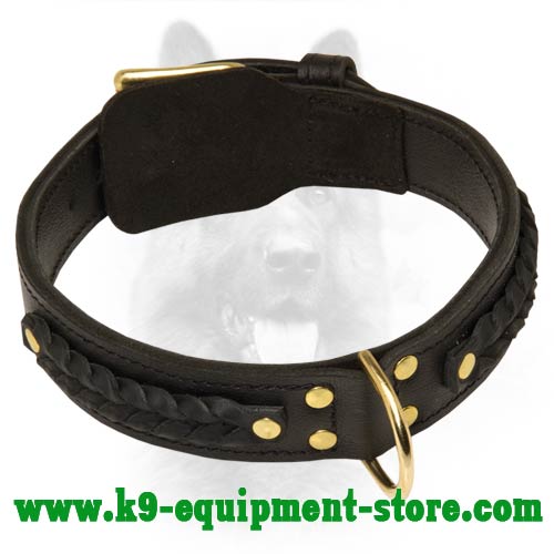 Braided Leather Canine Dog Collar with Fur Saving Plate