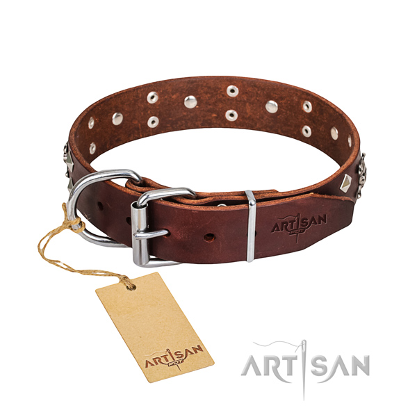 Long-wearing leather dog collar with corrosion-resistant hardware