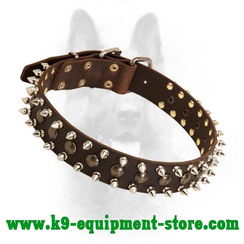 Leather Collar for Police Dog with Spikes and Studs