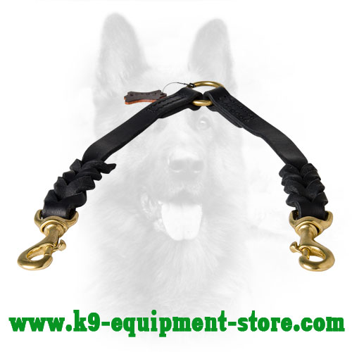 Canine Leather Dog Coupler with Braided Decorations