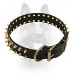 Police Dog Leather Collar with 2 Rows of Brass Spikes