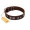 "Object of Virtu" FDT Artisan Brown Leather dog Collar with Old Silver-like Square Studs and Pyramids