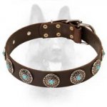 Bull best Leather Dog Collar-Silver Circles Blue Stones-K9 Dogs