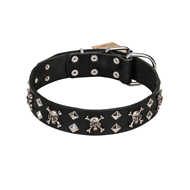FDT Artisan 'Rock 'n' Roll Style' Fancy Leather Dog Collar with Skulls, Bones and Studs 1 1/2 inch (40 mm) wide