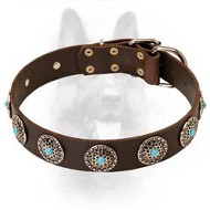 Bull best Leather Dog Collar-Silver Circles Blue Stones-K9 Dogs