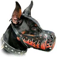 Hand painted Leather Dog Muzzle 'Dondi-FLAMES' for Canine Dog -K9 Dogs
