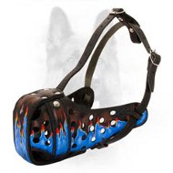 Stunning Blue Flames Painted Leather Dog Muzzle For Canine