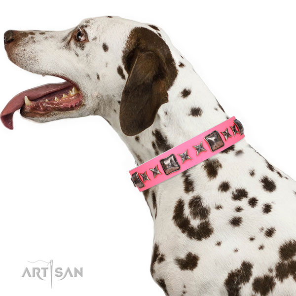 Extraordinary embellished leather dog collar for easy wearing