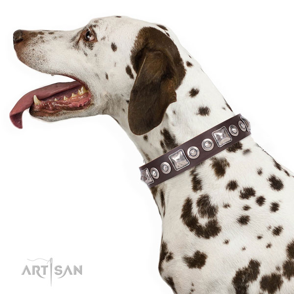 Fashionable adorned genuine leather dog collar for easy wearing
