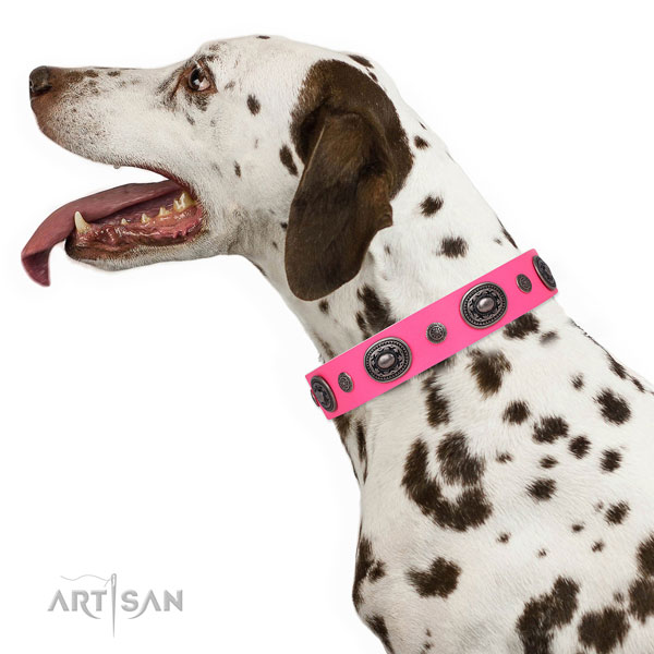 Natural leather dog collar with corrosion resistant buckle and D-ring for comfortable wearing