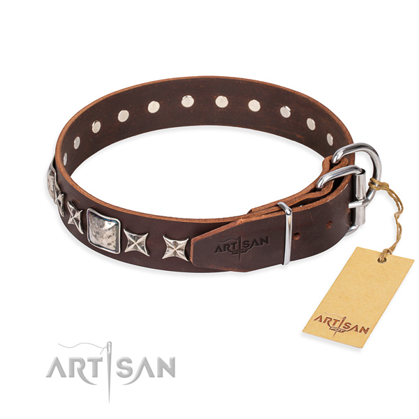 Daily walking full grain genuine leather collar with embellishments for your four-legged friend