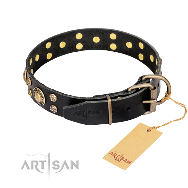 Stylish walking natural genuine leather collar with embellishments for your canine