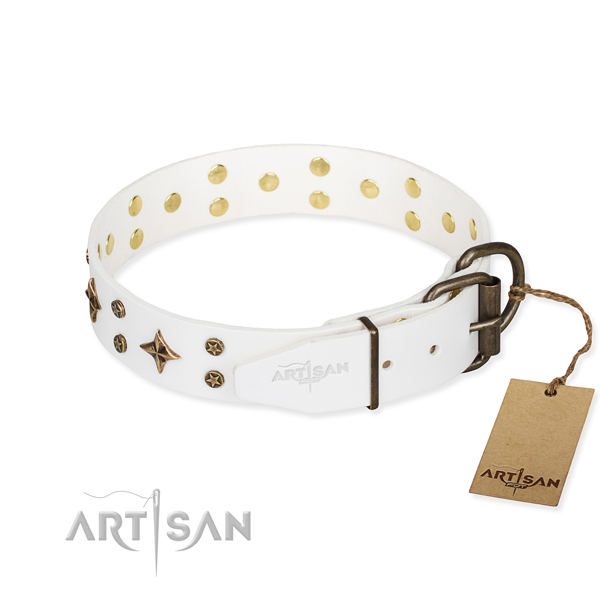 Everyday use full grain genuine leather collar with decorations for your pet