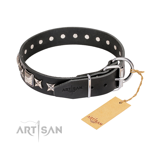 Everyday use full grain genuine leather collar with adornments for your pet