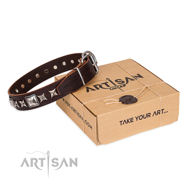 Adorned full grain genuine leather dog collar for everyday use