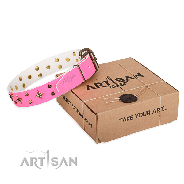 Studded full grain genuine leather dog collar for comfy wearing