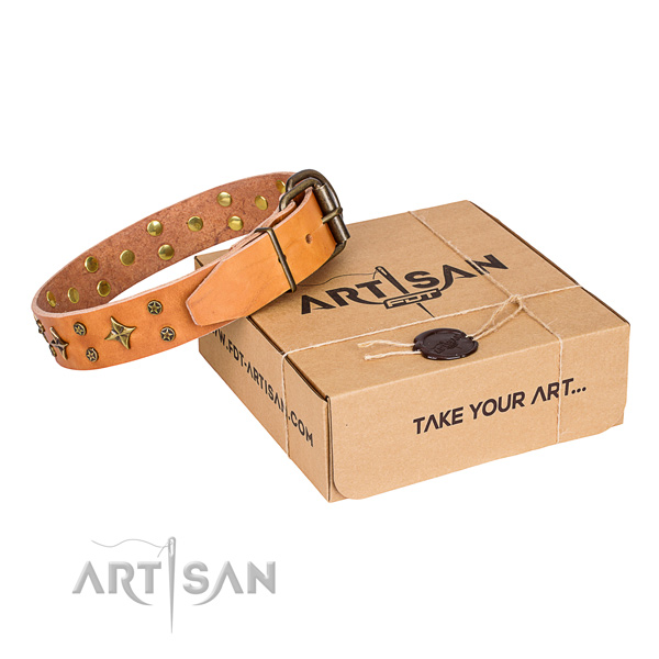 Studded full grain natural leather dog collar for easy wearing