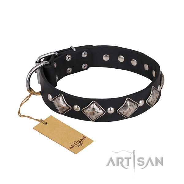 Genuine leather dog collar with worked out exterior