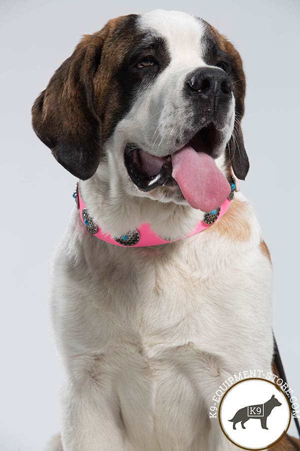 Moscow Watchdog pink leather collar with rustless fittings for daily activity
