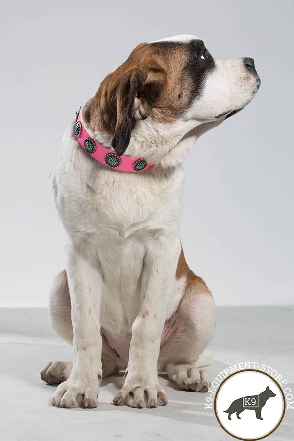Moscow Watchdog pink leather collar of lightweight material with d-ring for leash attachment for quality control