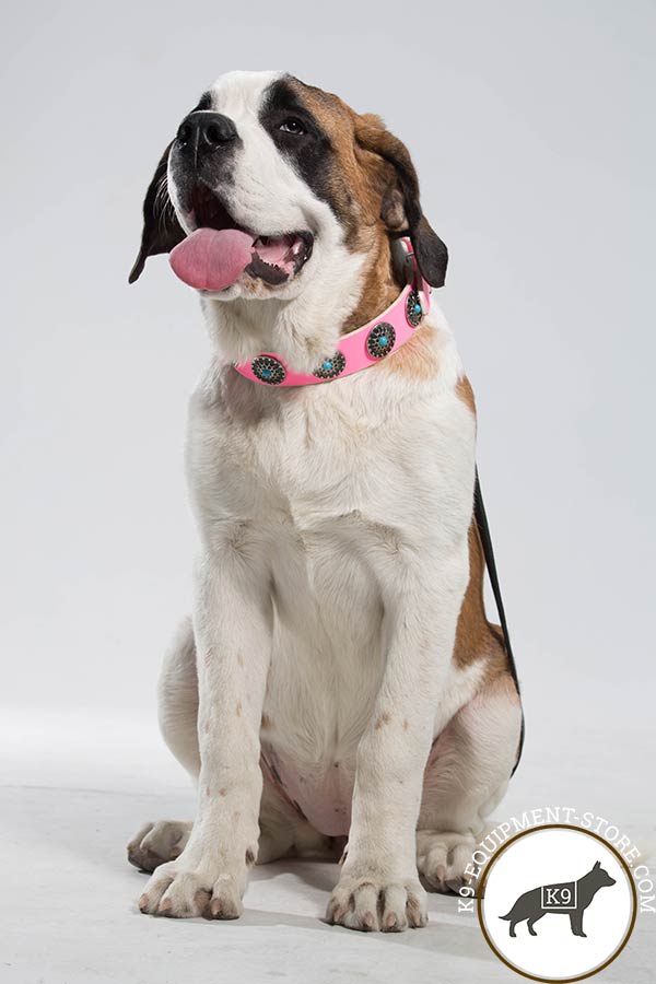 Moscow Watchdog pink leather collar with rust-free nickel plated hardware for quality control