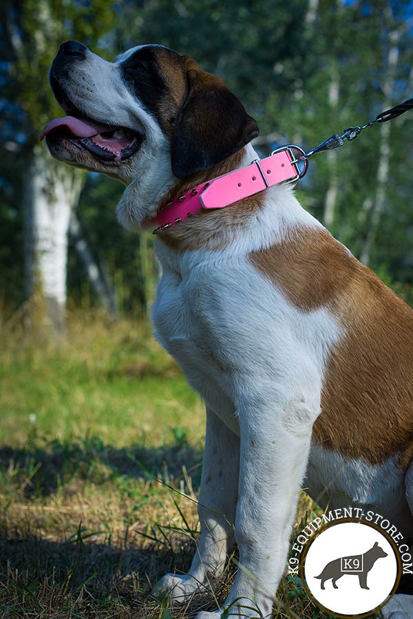 Moscow-Watchdog pink leather collar of high quality with d-ring for leash attachment for improved control
