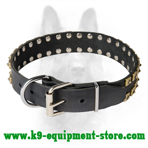 Leather Studded K9 Collar with Rust-proof Buckle and D-ring