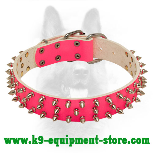 Spiked Pink Leather Collar for K9 Effective Training