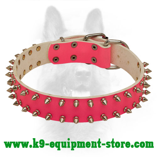 Pink Leather Police Dog Collar with Steel Nickel Plated Decoration