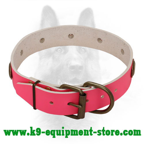 Pink Leather Collar for Police Dog with Riveted Buckle and D-ring