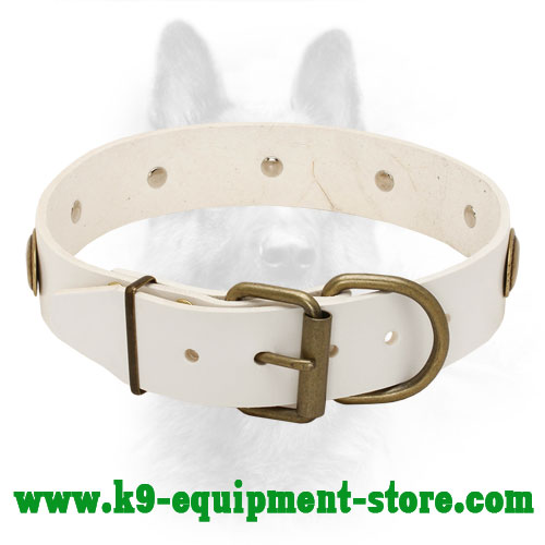 White Leather Collar for K9 with Rust-proof Buckle and D-ring