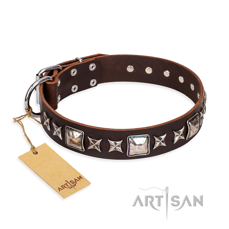 'Perfect Impression' FDT Artisan Brown Leather Dog Collar with Silvery Square Studs - 1 1/2 inch (40 mm) Wide