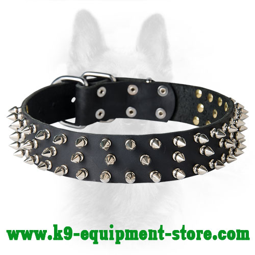 Leather K9 Collar With 3 Rows Of Spikes