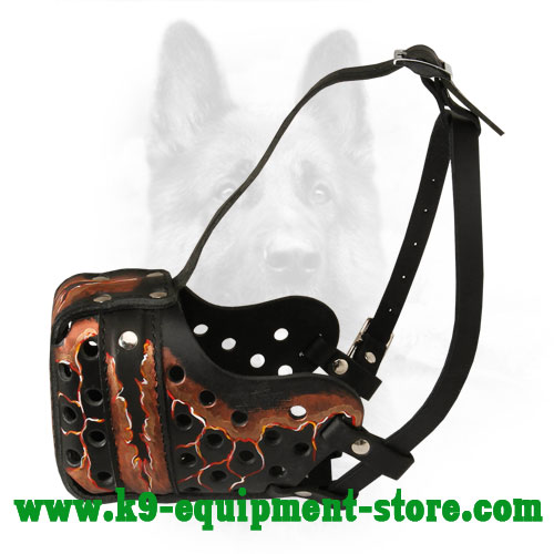 Bright Magma Painted Canine Leather Muzzle for Attack Training