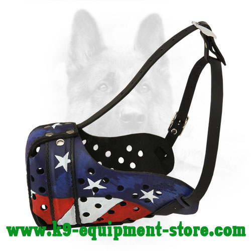 Hand Painted Leather K9 Muzzle with USA Flag Ornament
