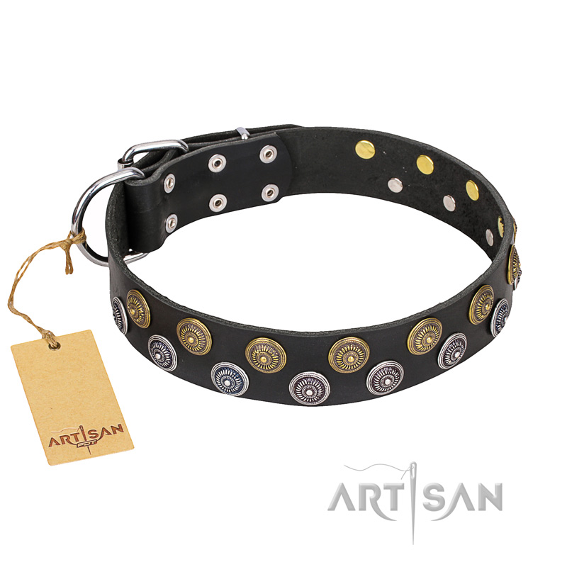 "Romantic Breeze" FDT Artisan Black Leather Dog Collar with Riveted Circles