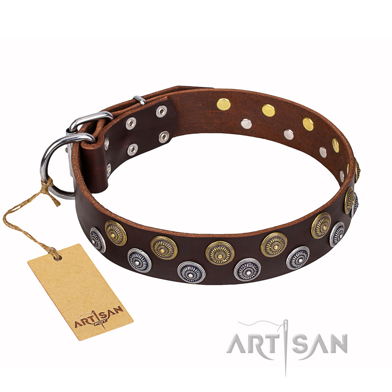 'Strong Shields' Wide FDT Artisan Brown Leather Dog Collar with Exquisite Decor