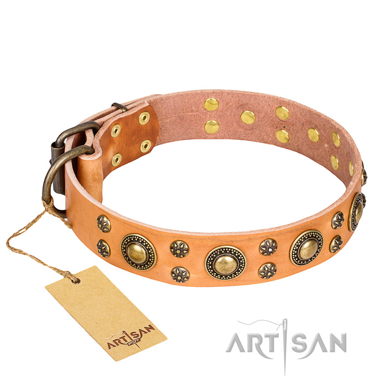 'Sophisticated Glamor' FDT Artisan Tan Leather Dog Collar with Old-Bronze Plated Decorations