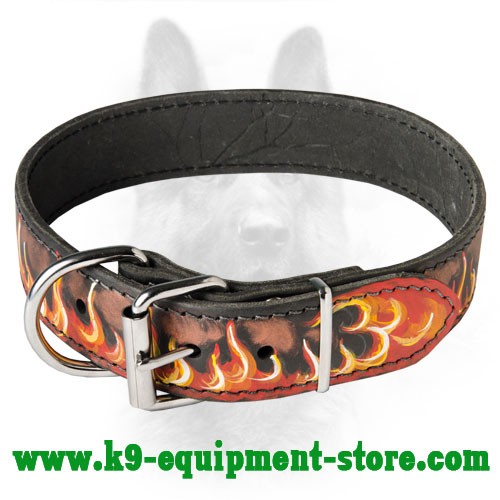 Flames Painted Leather Canine Collar - Click Image to Close