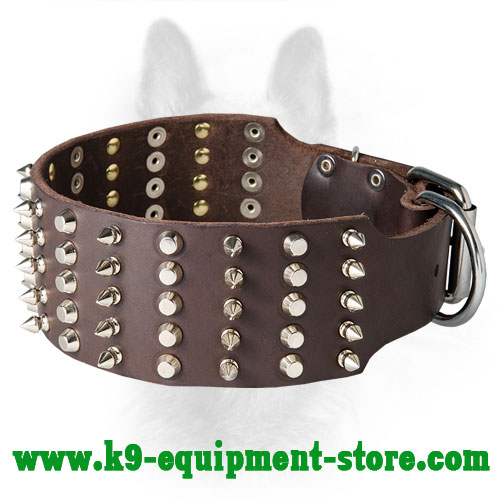 Stunning 3 Rows Spiked And Studded Canine Leather Collar