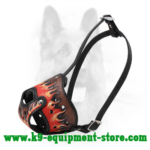 Buy Flames Painted Leather Dog Muzzle Canine Walking Training