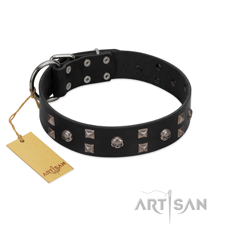 "Fire Eyes" Designer Handmade FDT Artisan Black Leather dog Collar