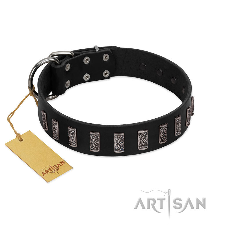 "Black Prince" Handmade FDT Artisan Black Leather dog Collar with Silver-Like Adornments