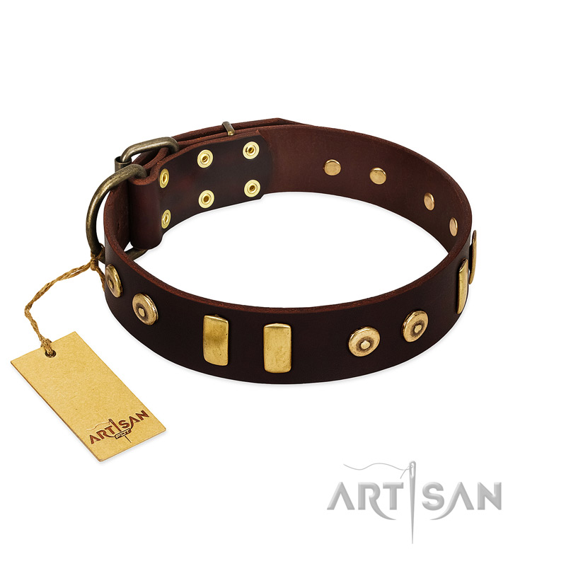 "Lord of Dogs" FDT Artisan Brown Leather dog Collar with Old Bronze-like Dotted Studs and Tiles
