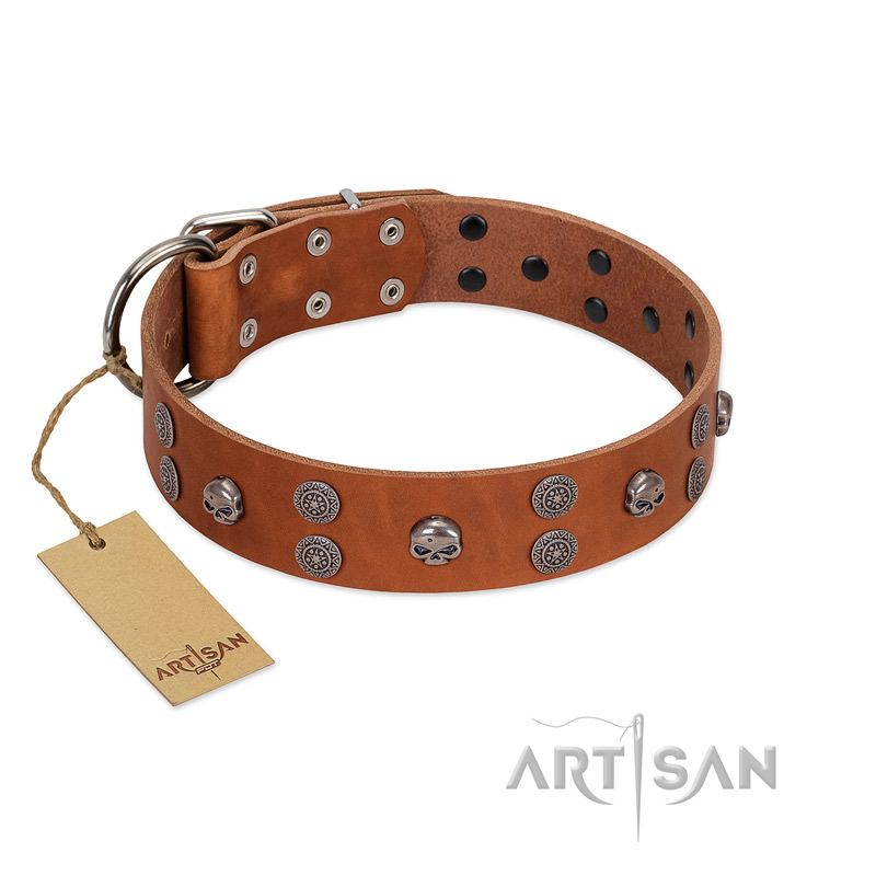 "Road Rider" FDT Artisan Tan Leather dog Collar with Old Silver-like Skulls and Medallions