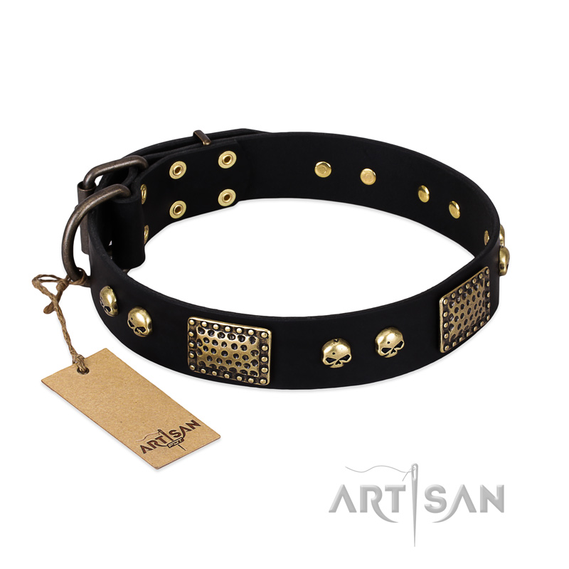 "Biker Style" FDT Artisan Black Leather dog Collar with Old Bronze Look Plates and Skulls