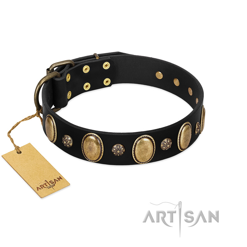 "Gilded Stones" FDT Artisan Black Leather dog Collar with Old Bronze-like Ovals and Studs - 1 1/2 inch (40 mm) wide - Click Image to Close