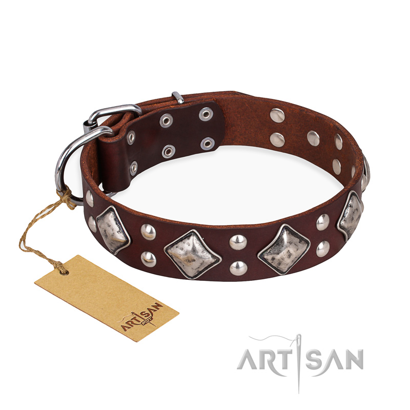 "King of Grace" FDT Artisan Stylish Leather dog Collar with Old Silver-Like Plated Decorations - Click Image to Close