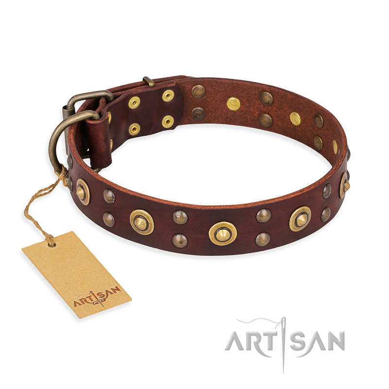 "Caprice of Fashion" FDT Artisan Brown Leather dog Collar with Round Decorations - Click Image to Close