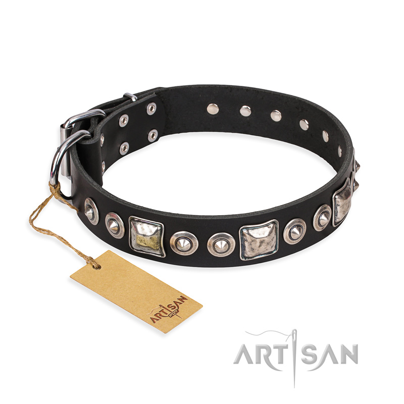 "Eternal Beauty and Style" FDT Artisan Adorned Black Leather dog Collar - Click Image to Close